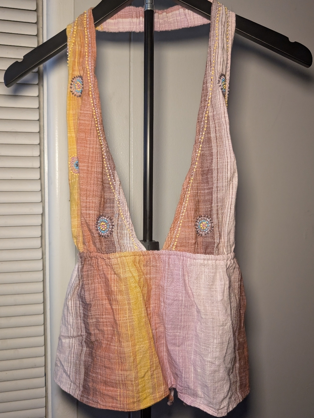 Pastel Striped Sleeveless Halter V-Neck Top with Beaded Accents